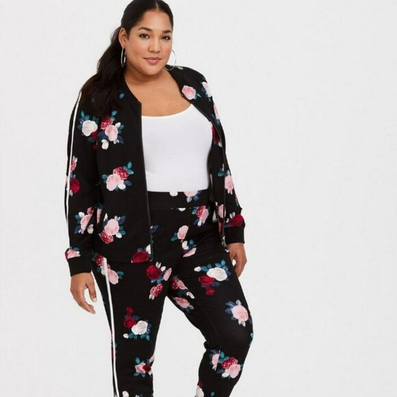 Torrid Floral Bomber Active Roses Stripe Ponte Zip Front Multicolor Jacket Sz 3 - Picture 1 of 8